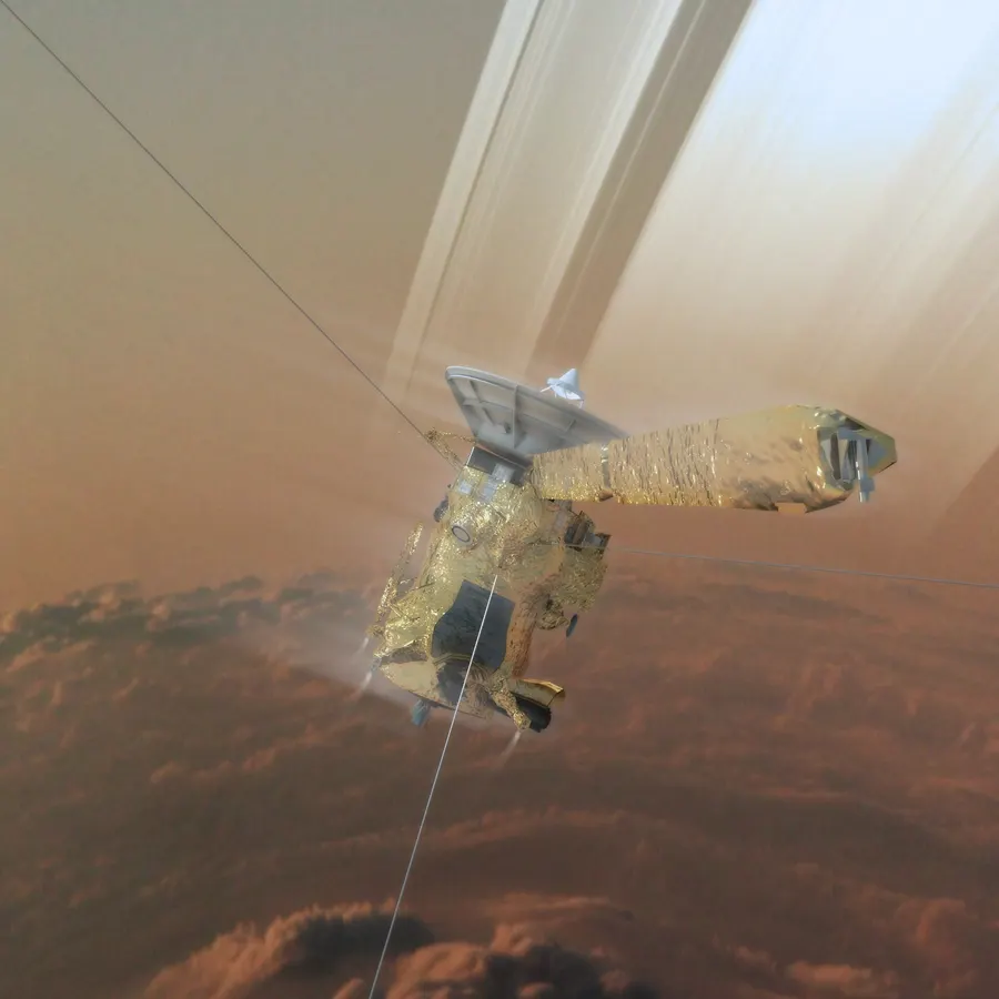 An artist's computer rendering of the Cassini spacecraft above Saturn during its Grand Finale, by Kevin Gill