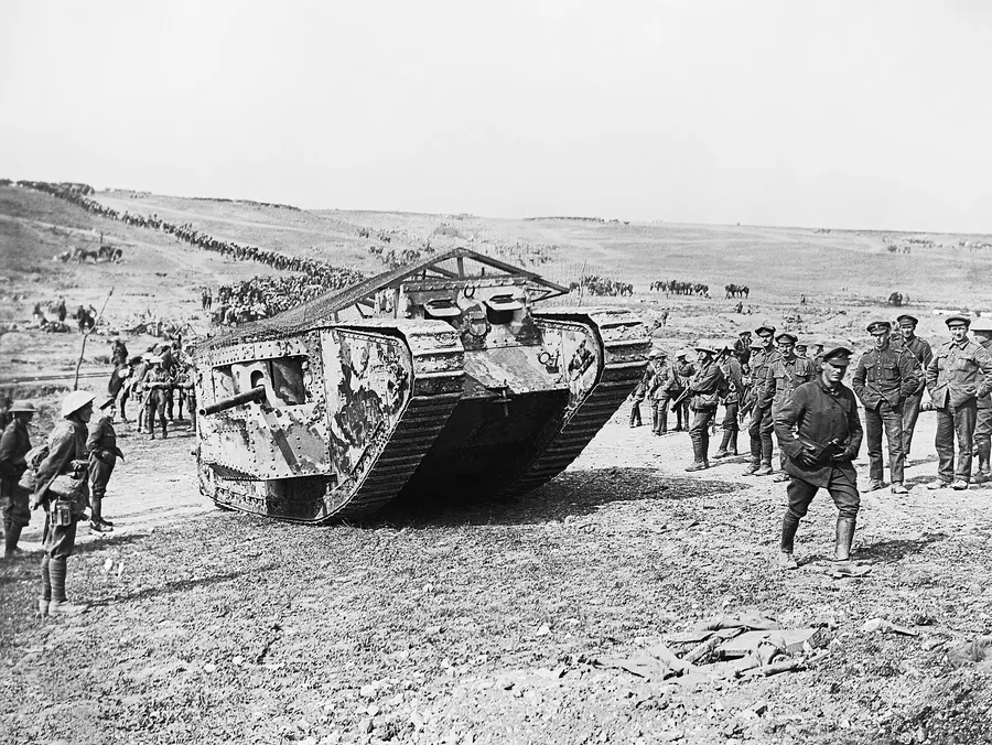 The Mark I tank C19, 'Clan Leslie', in Chimpanzee Valley on 15 September 1916, preparing for the advance on Flers