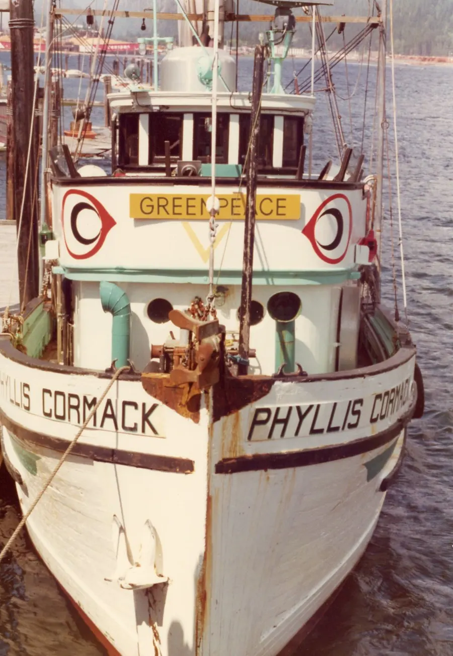The Phyllis Cormack, the fishing boat used for the first Greenpeace voyage, docked at Tahsis, British Columbia, in 1975