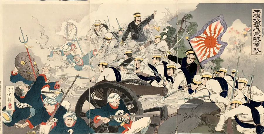 'Attacking Pyongyang, Our Troops Conquer the Enemy Fortress', a Japanese woodblock print by Mizuno Toshikata, September 1894