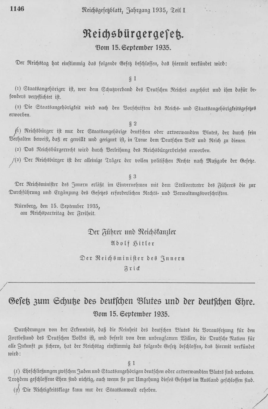 The page of the Reich Law Gazette of September 1935 carrying the Reich Citizenship Law and the start of the Law for the Protection of German Blood and German Honour