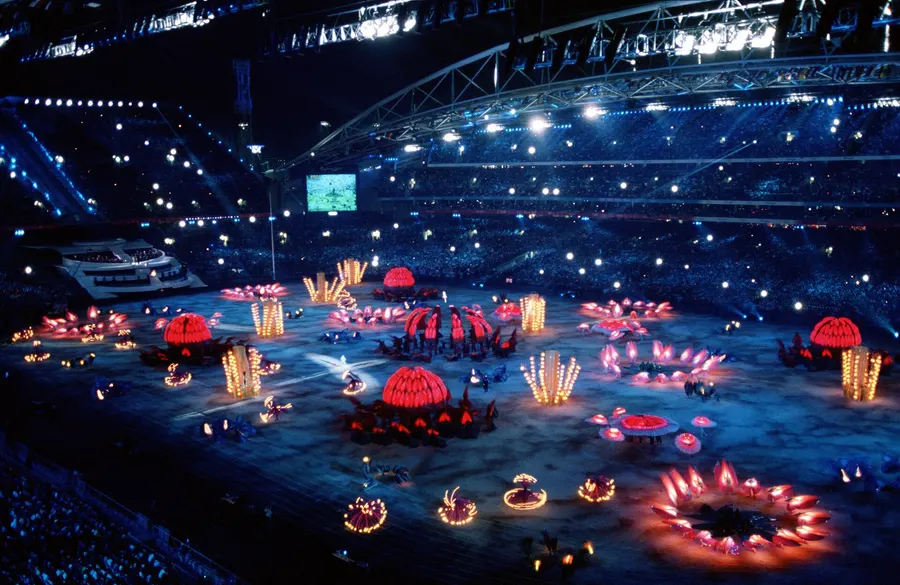 Performers on the floor of the Olympic Stadium in Sydney during the opening ceremony of the 2000 Olympic Games on 15 September 2000