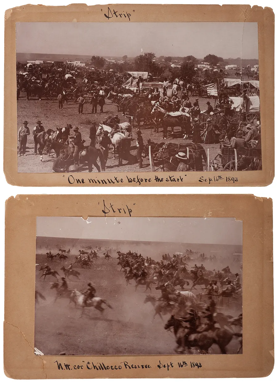 Two mounted photographs of the opening of the Cherokee Strip on 16 September 1893, showing the crowd of riders and wagons before and during the run