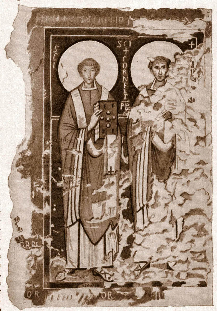 Saints Cornelius and Cyprian, as painted in the catacomb of Callixtus in Rome, reproduced in an old book