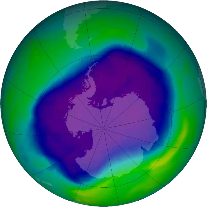 A NASA map of the ozone hole over Antarctica on 24 September 2006, when it equalled its largest recorded size