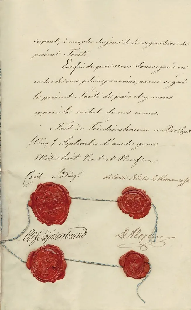 The last page of the Treaty of Fredrikshamn, with the signatures and seals of the Russian and Swedish negotiators