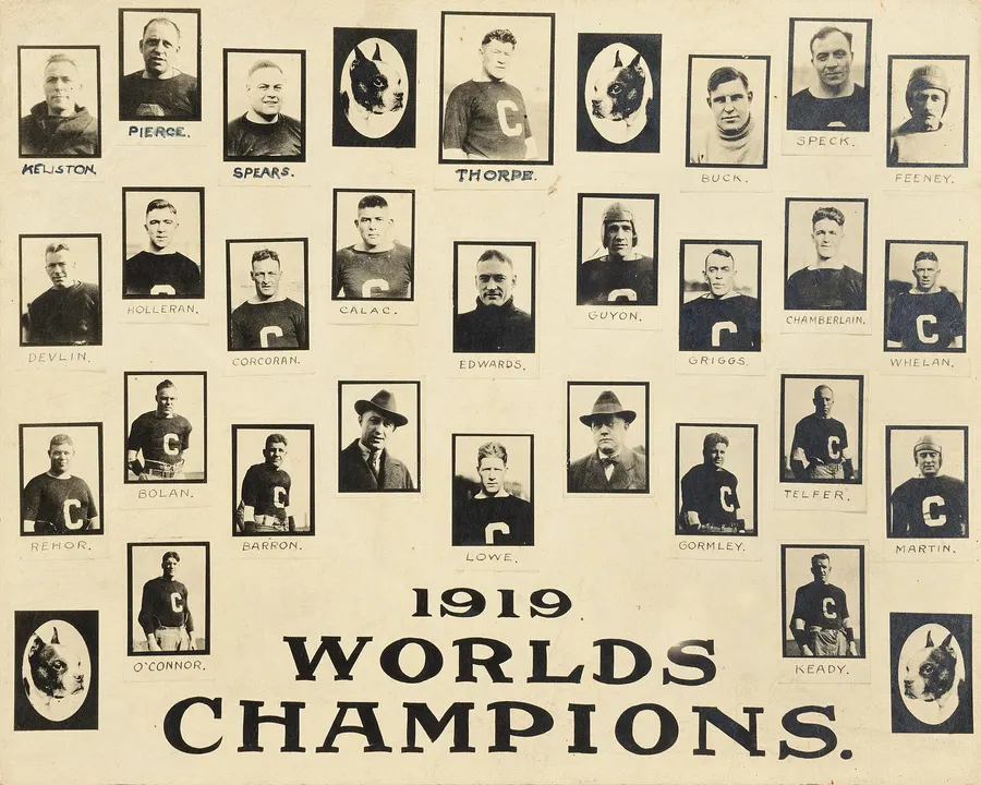 A souvenir card of the Canton Bulldogs of 1919, Jim Thorpe among them, the year before the league was founded