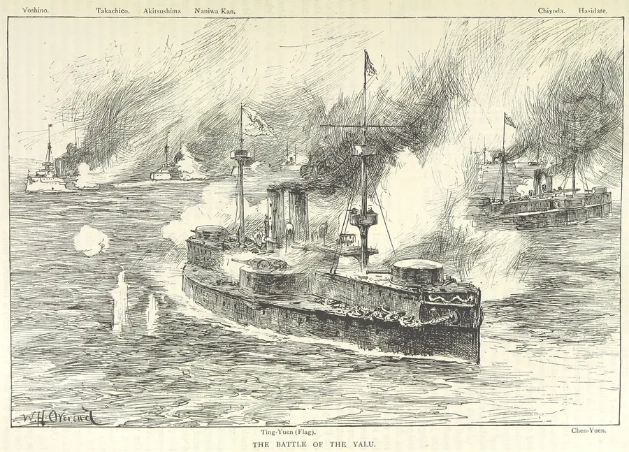 The Chinese battleships Dingyuan and Zhenyuan under fire from the Japanese fleet at the Battle of the Yalu, drawn by W. H. Overend