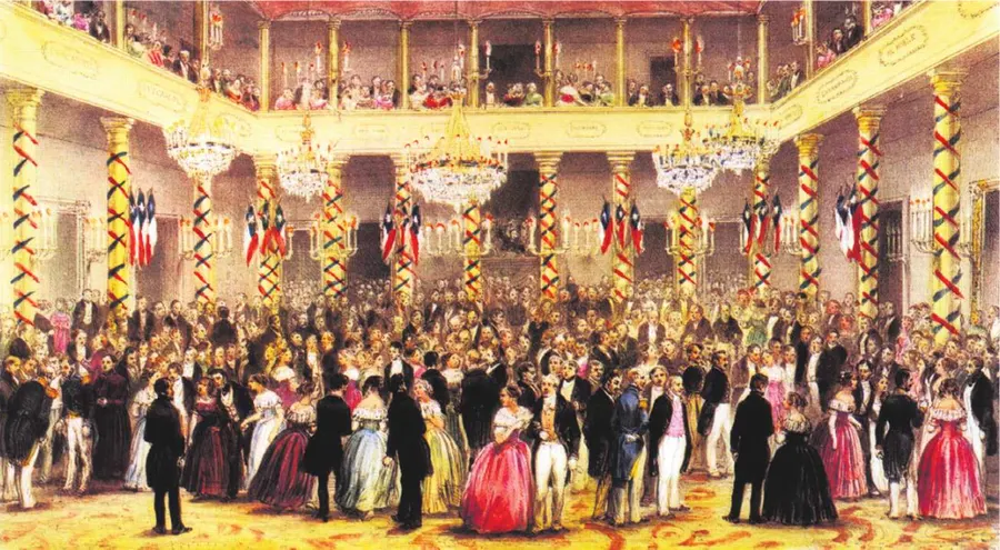 A ball at Chile's government house on an 18 September in the 19th century, from a lithograph after Claudio Gay