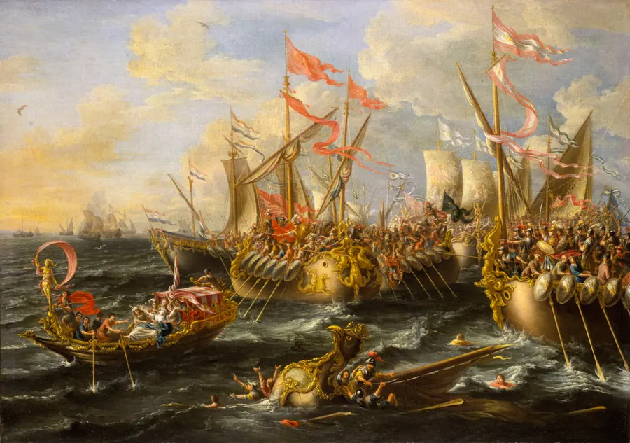 The Battle of Actium, a 17th-century painting by Laureys a Castro