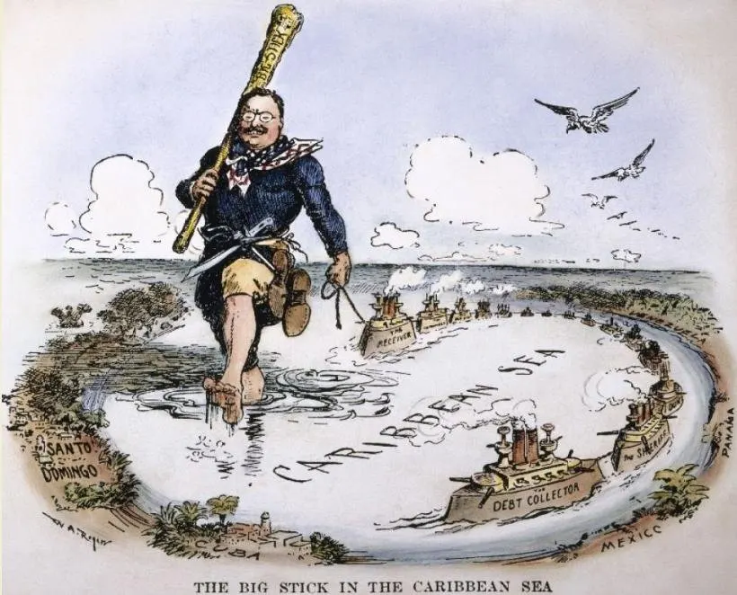 The Big Stick in the Caribbean Sea, a 1904 cartoon by William Allen Rogers showing Theodore Roosevelt towing warships around the Caribbean
