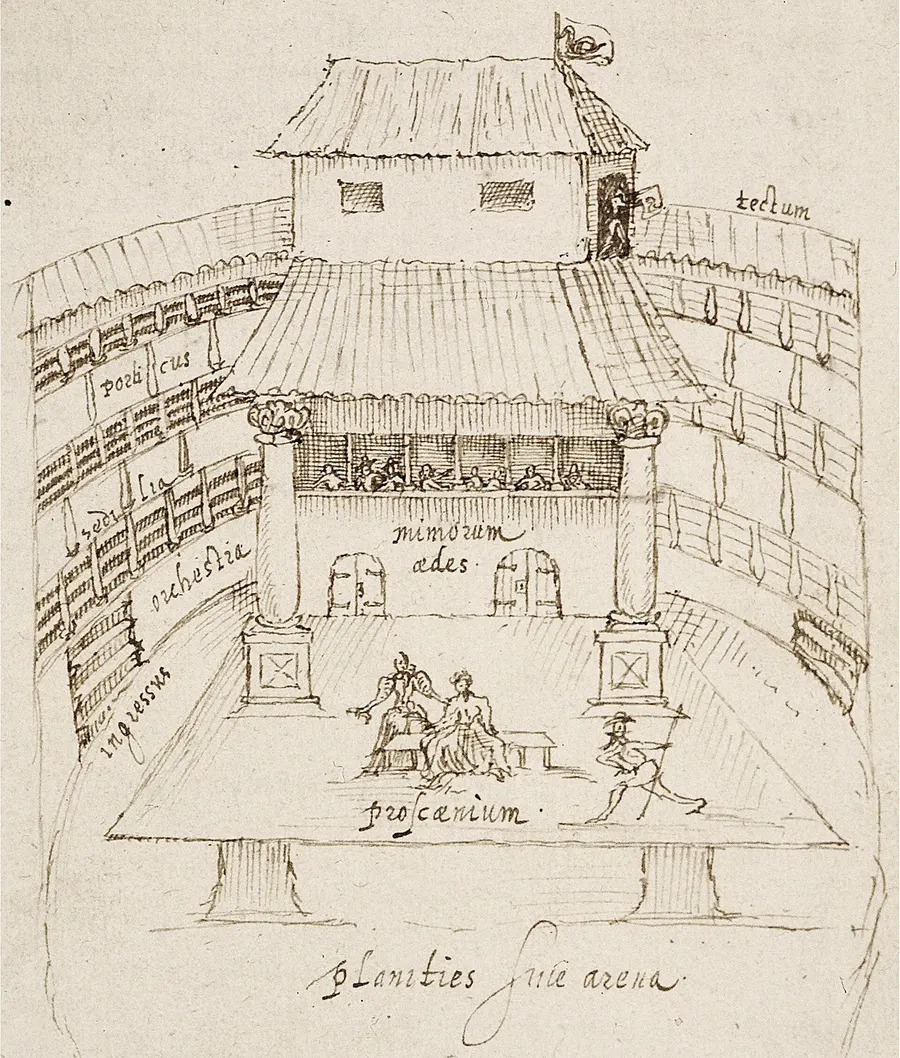 A copy of Johannes de Witt's 1596 sketch of the Swan playhouse in London, the only surviving drawing of the inside of an Elizabethan public theatre