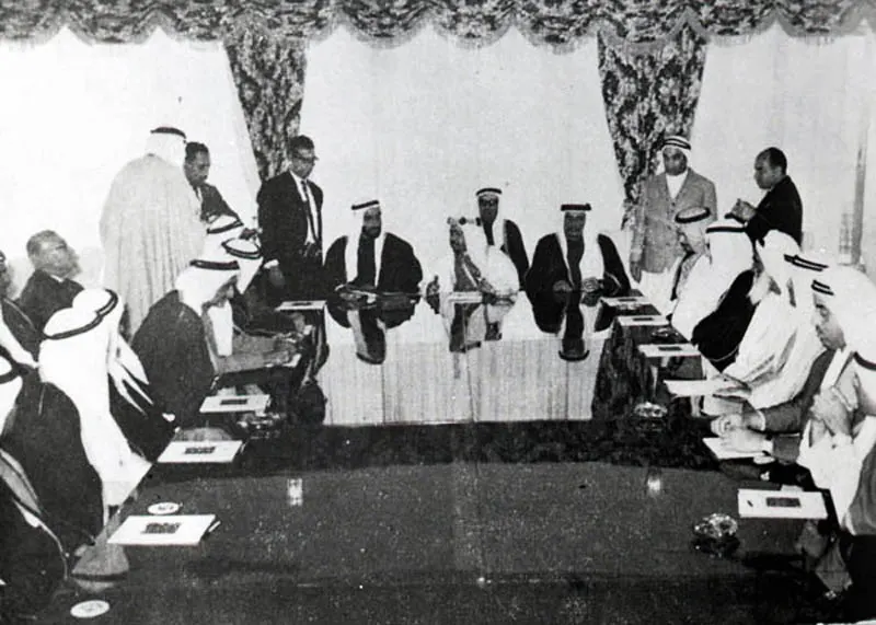 Rulers of the Gulf emirates, including Qatar, at the opening of their first conference on a possible union in February 1968, after Britain announced it would leave the Gulf