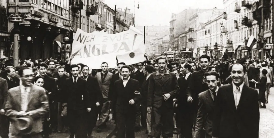 Crowds outside the British Embassy in Warsaw cheer Britain's declaration of war on Germany on 3 September 1939