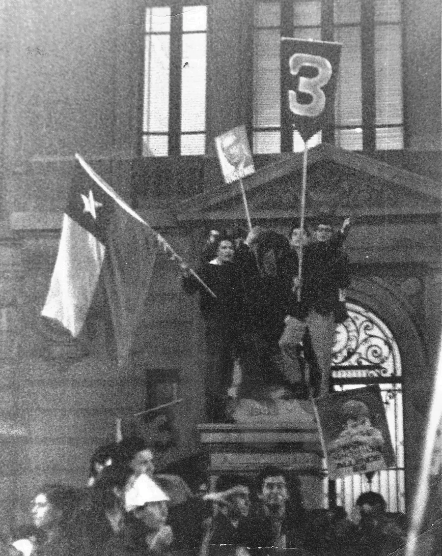 Supporters of Salvador Allende celebrate in front of the Catholic University on the Alameda in Santiago on the night of his election win, 4 September 1970