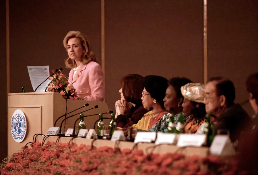 The US First Lady Hillary Clinton speaking at the UN Fourth World Conference on Women in Beijing, September 1995