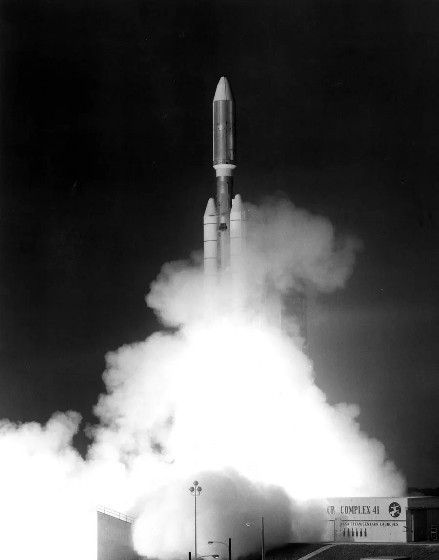 A Titan IIIE-Centaur rocket lifts off from Launch Complex 41 at Cape Canaveral carrying Voyager 1 on 5 September 1977