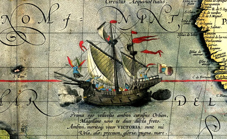 Magellan's ship Victoria, a detail from Abraham Ortelius's 1589 map of the Pacific Ocean