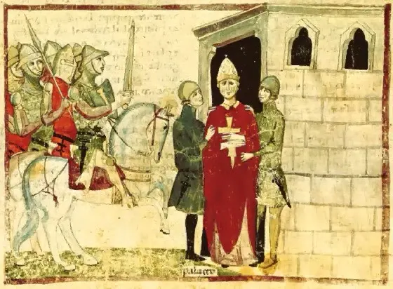 The capture of Boniface VIII at Anagni, an illustration from a 14th-century manuscript of Giovanni Villani's Nuova Cronica