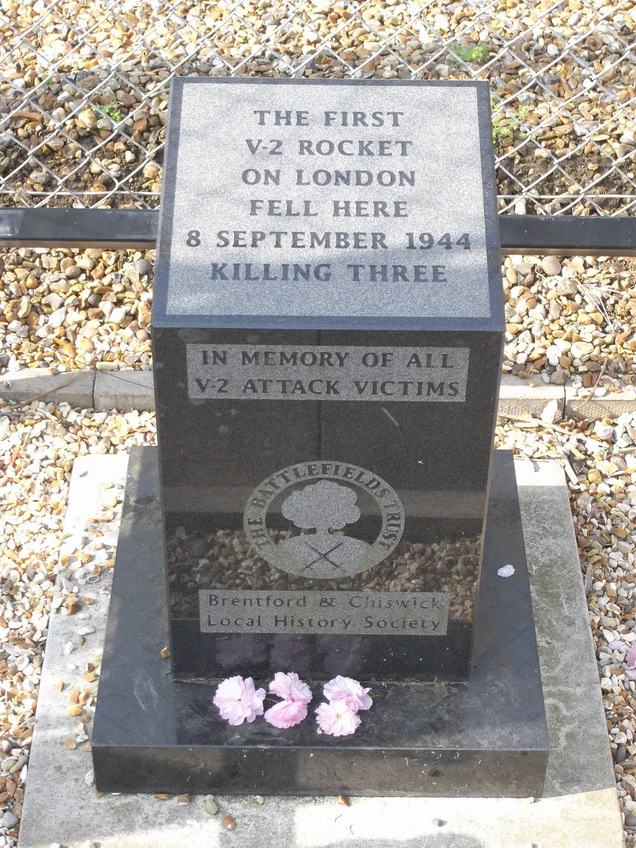 The memorial in Staveley Road, Chiswick, on the site where the first V-2 rocket to hit London fell