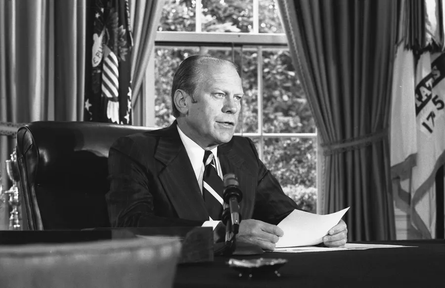 President Gerald Ford announces his decision to pardon former President Richard Nixon on 8 September 1974
