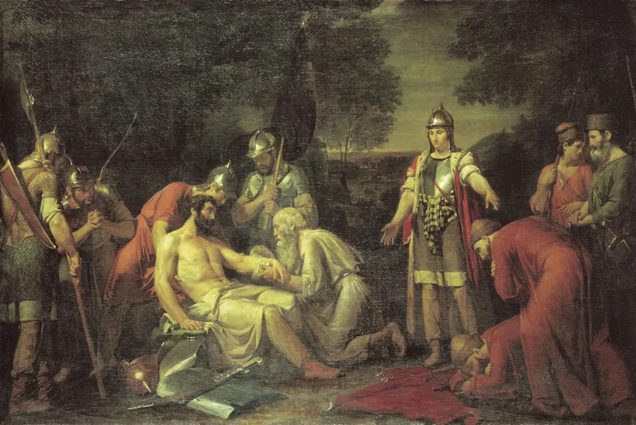 The wounded Dmitry Donskoy is found on the Field of Kulikovo, an 1824 painting by Vasily Sazonov in the State Russian Museum
