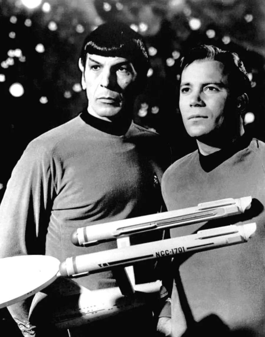 Leonard Nimoy as Mr Spock and William Shatner as Captain Kirk in an NBC publicity photograph for Star Trek, 1968
