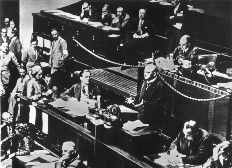 Gustav Stresemann at the rostrum of the League of Nations Assembly in Geneva, September 1926