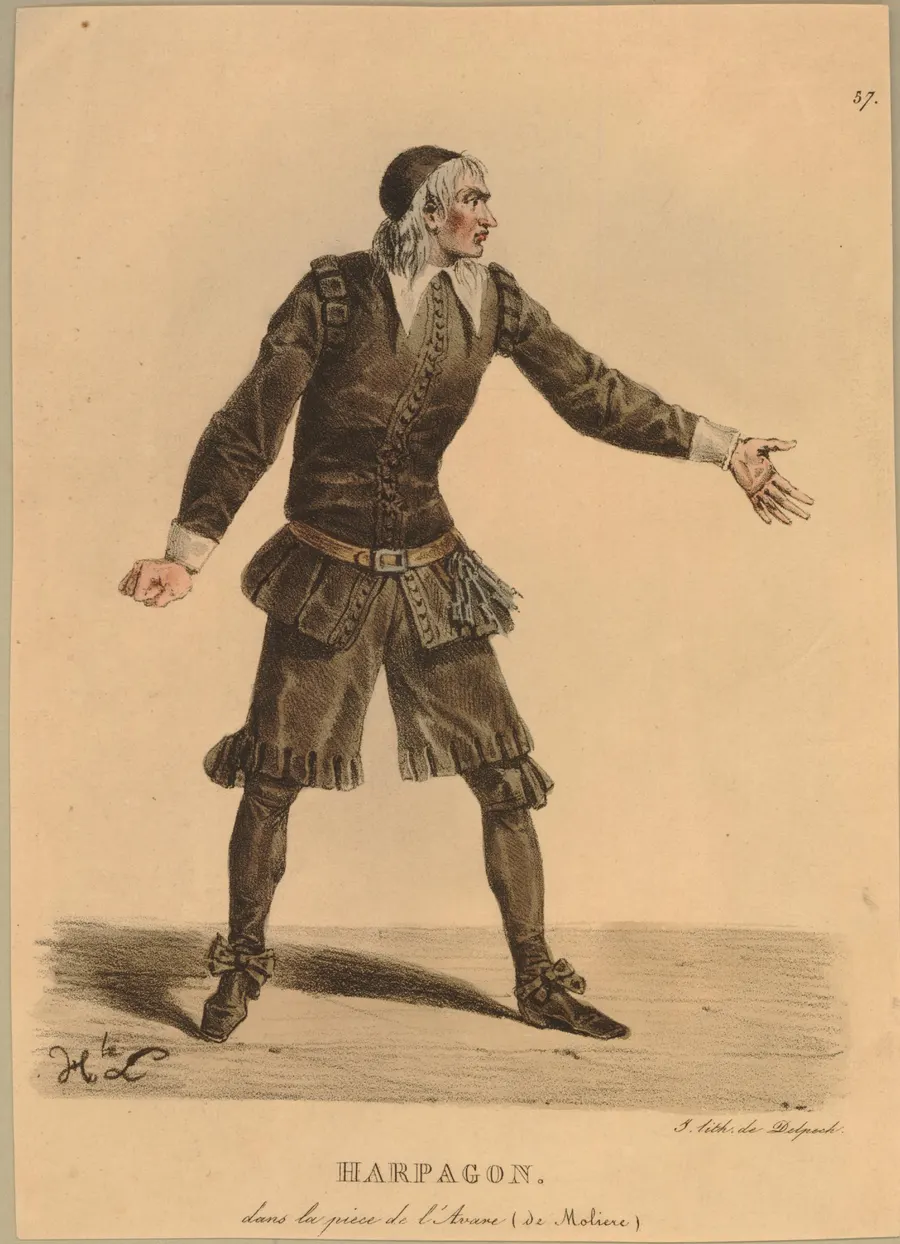 A hand-coloured print of an actor in costume as Harpagon in Molière's L'Avare, in the British Museum