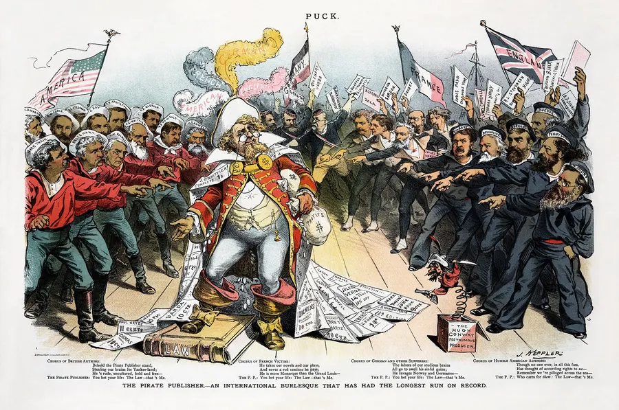 The Pirate Publisher, a cartoon by Joseph Keppler in Puck magazine, 1886, showing a publisher pocketing the work of British and American authors