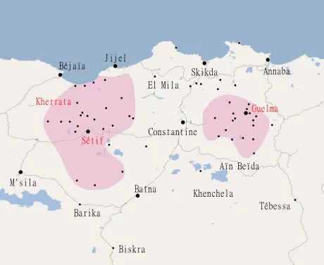 A map of the areas around Sétif, Guelma and Kherrata in north-eastern Algeria where the repression of May and June 1945 took place.