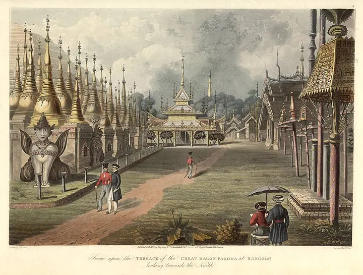The terrace of the Great Dagon (Shwedagon) Pagoda at Rangoon during the British occupation, from a print of about 1825.