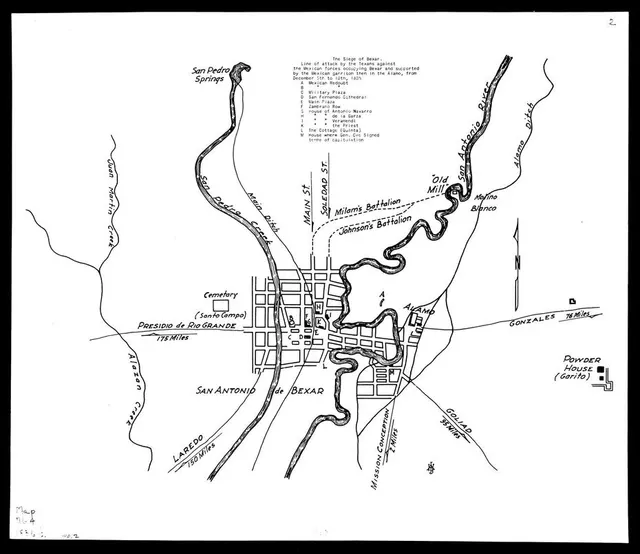 A map of San Antonio de Béxar and the surrounding country at the time of the Texas Revolution.