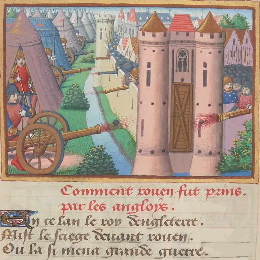 The siege of Rouen, a miniature from Martial d'Auvergne's Vigiles de Charles VII, about 1484 (Bibliothèque nationale de France).