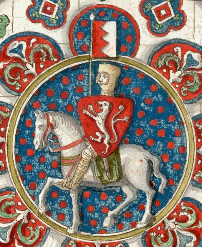 Simon de Montfort on horseback, from a drawing of a thirteenth-century stained-glass window in Chartres Cathedral.
