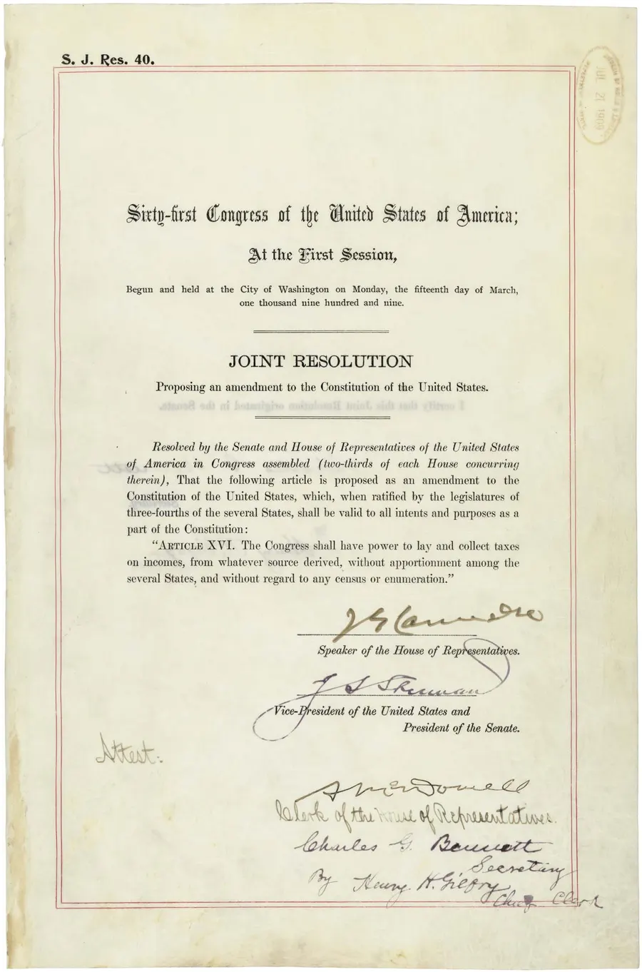 The joint resolution of Congress proposing the Sixteenth Amendment, signed in 1909 (US National Archives).