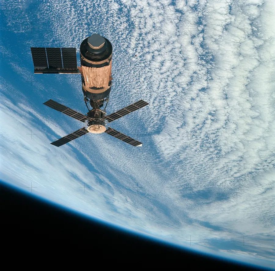 Skylab in orbit above the clouds, photographed by its last crew as they left in February 1974
