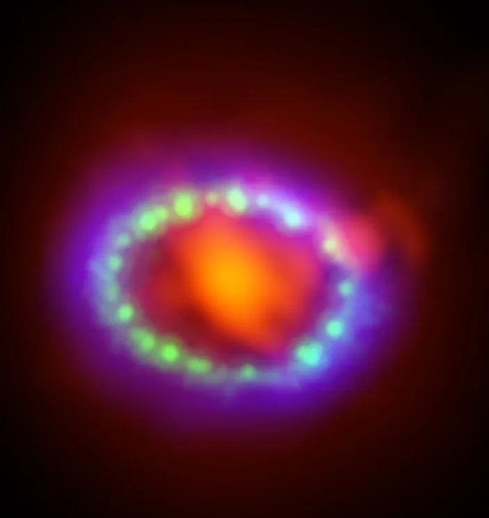 The remnant of Supernova 1987A in a combined image from the ALMA, Hubble and Chandra telescopes, 2014.