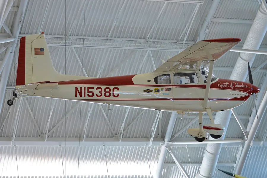 The Spirit of Columbus, the Cessna 180 in which Jerrie Mock flew around the world, at the Smithsonian's Udvar-Hazy Center.