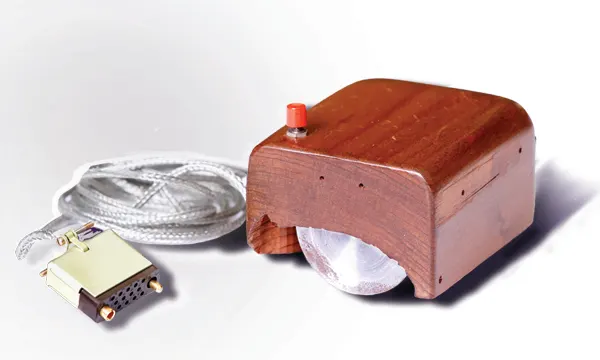 The wooden prototype mouse built at SRI International, shown publicly for the first time at the 1968 demonstration.