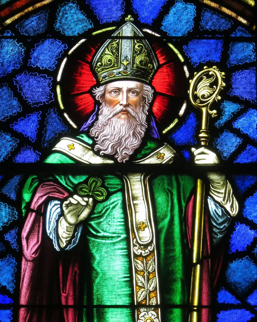 St Patrick in a stained-glass window at St Patrick's Church, Junction City, Ohio.