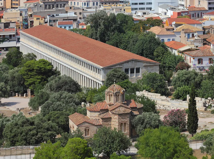 The rebuilt Stoa of Attalos in Athens, where the Treaty of Accession was signed, seen from the Acropolis.