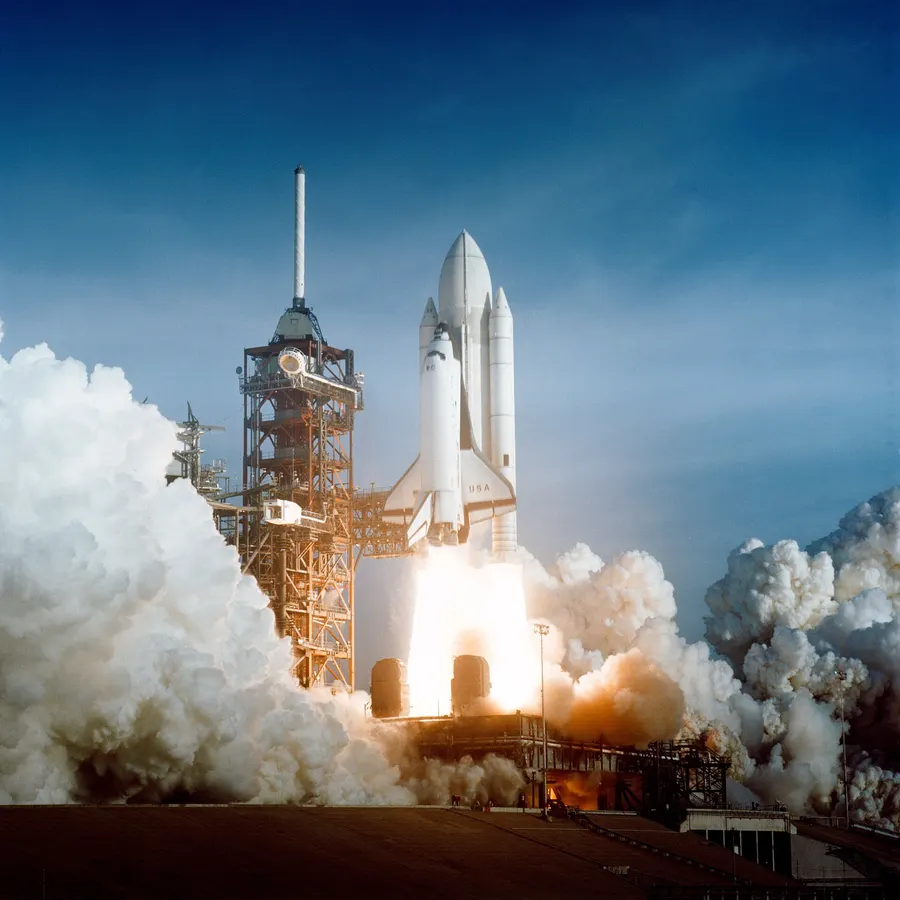 Space Shuttle Columbia lifts off from Kennedy Space Center on the first shuttle mission, 12 April 1981.