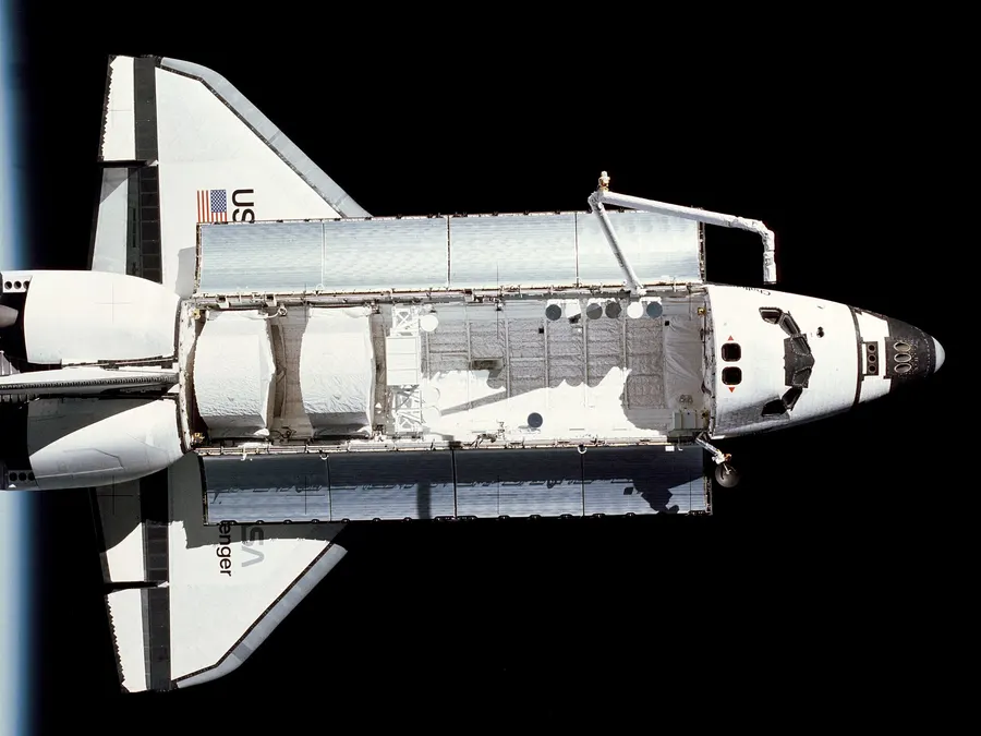 Challenger in orbit in June 1983, on its second mission, photographed from a free-flying satellite.