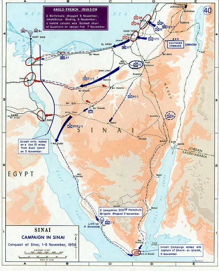 A map of the Israeli advance across Sinai in 1956.