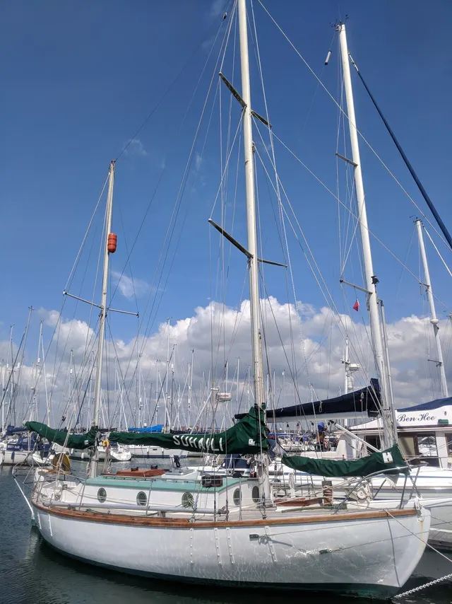 Suhaili, Robin Knox-Johnston's ketch, at Gosport in 2018.