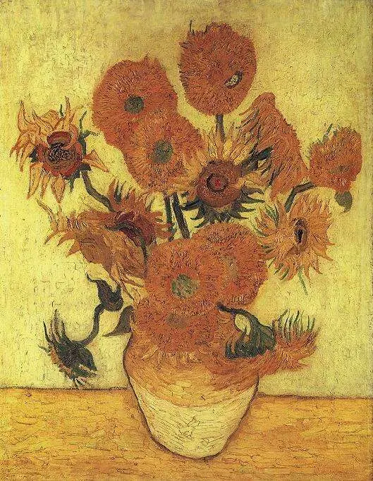 Vase with Fifteen Sunflowers, the version Van Gogh painted in January 1889, now in Tokyo.