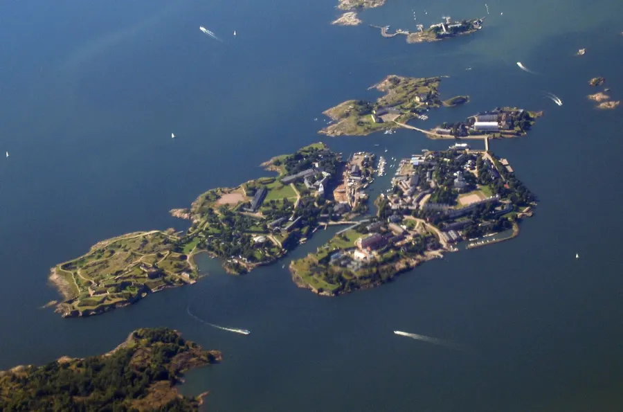 The island fortress of Sveaborg, now Suomenlinna, off Helsinki, from the air.