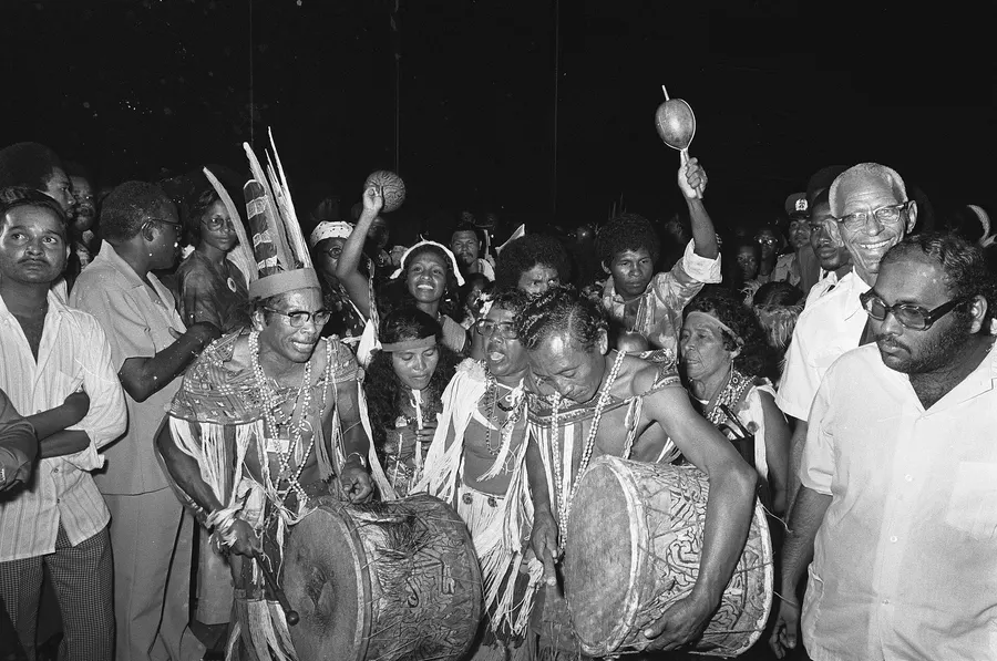 Celebrations in the stadium in Paramaribo at Suriname's independence, November 1975.