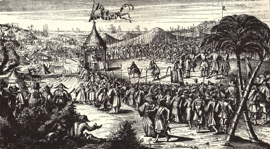 The surrender of Fort Zeelandia on Formosa in 1662, from an engraving by Jan van Baden published in 1675.